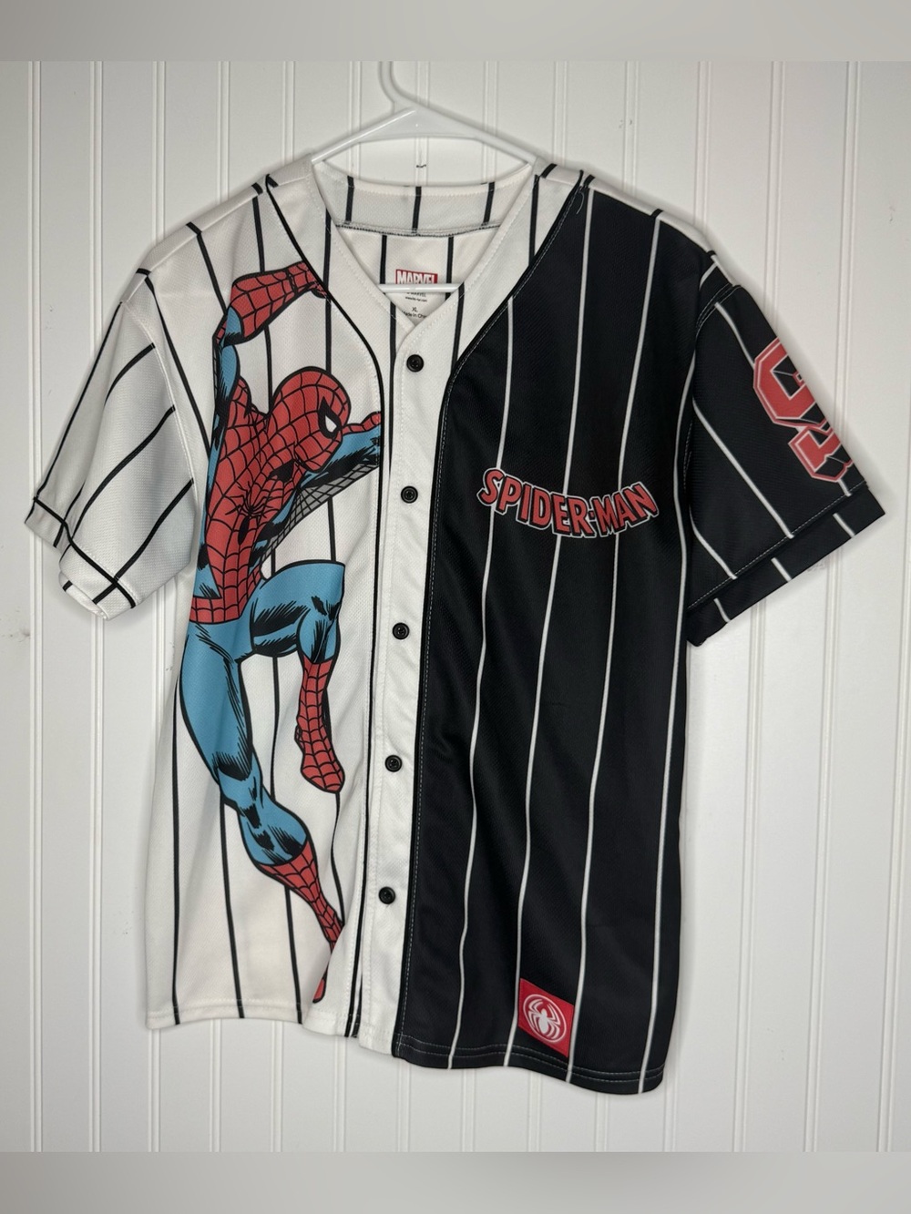 Marvel Spider-Man Baseball Jersey Shirt White Black Graphic Striped Size XL